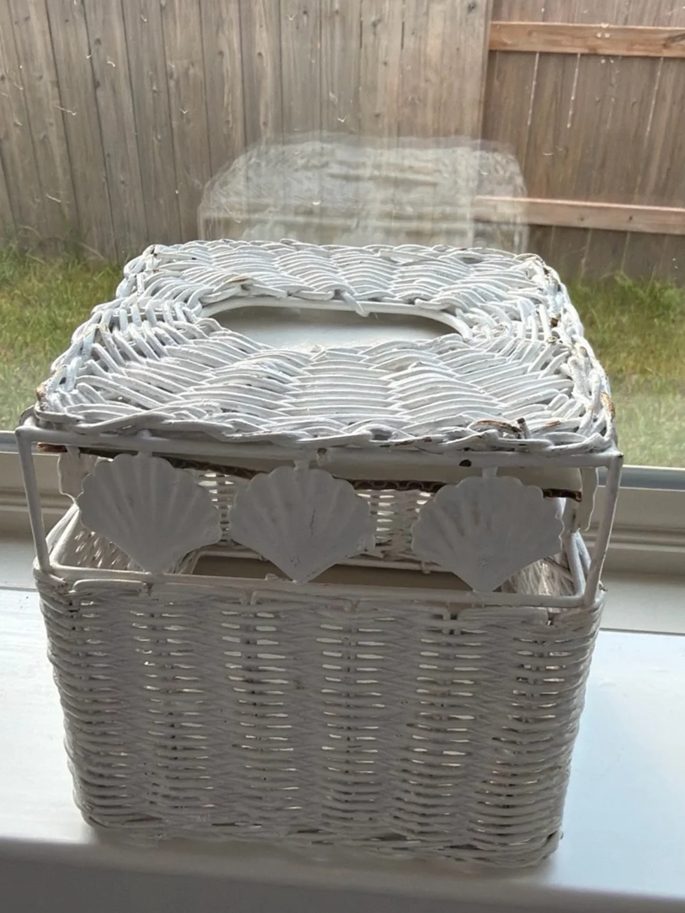 White Wicker Shell Accent Basket Tissue Box Cover - Coastal Home Accent
